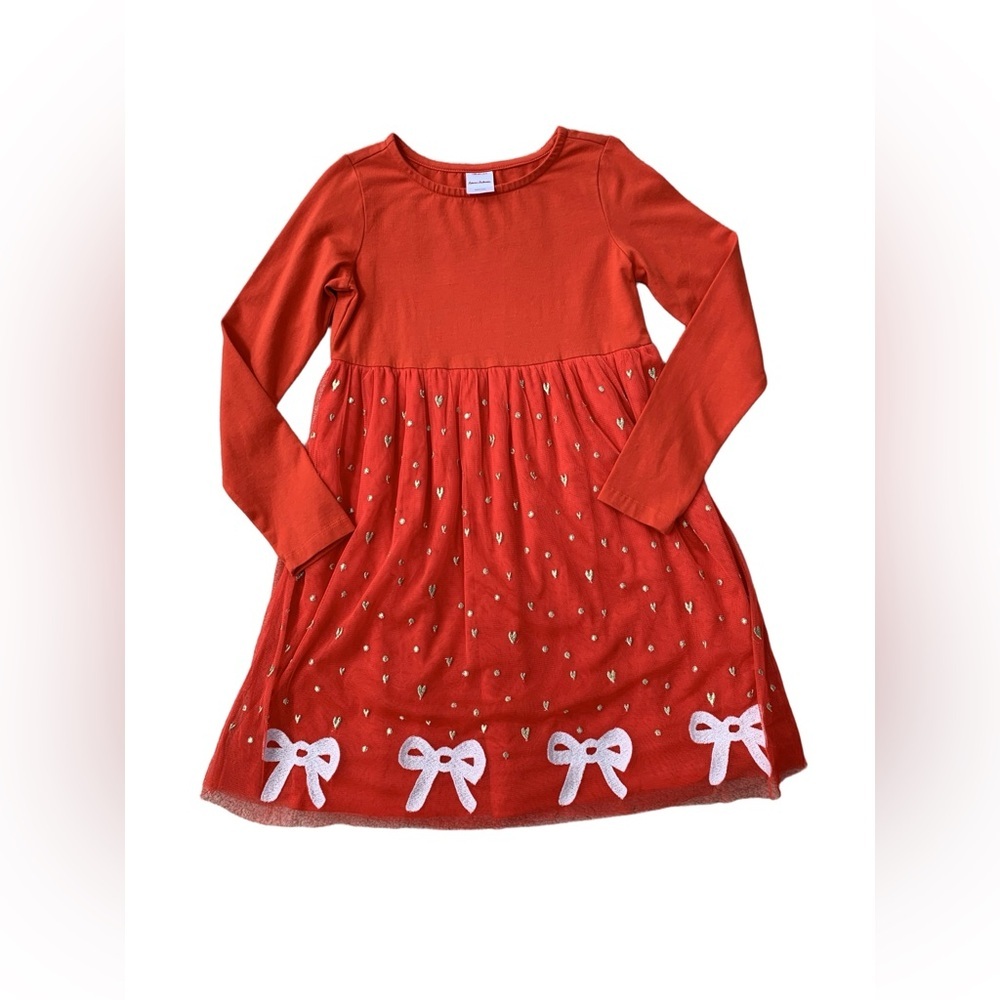 Hanna Andersson Size 130, 8, Tangy Red Tulle Bow Embroidered Skirt Holiday Dress